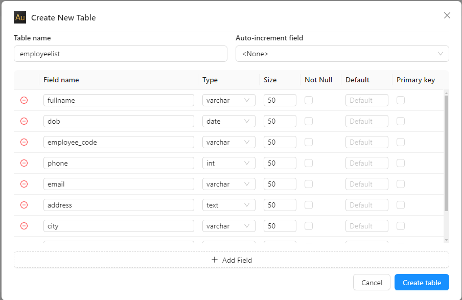 Create Table Fields