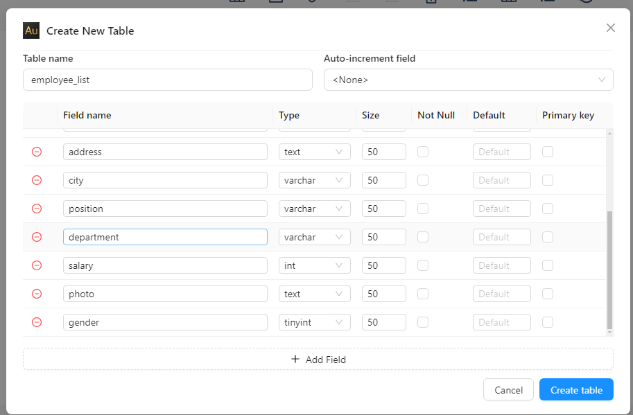 Create Table Additional Fields