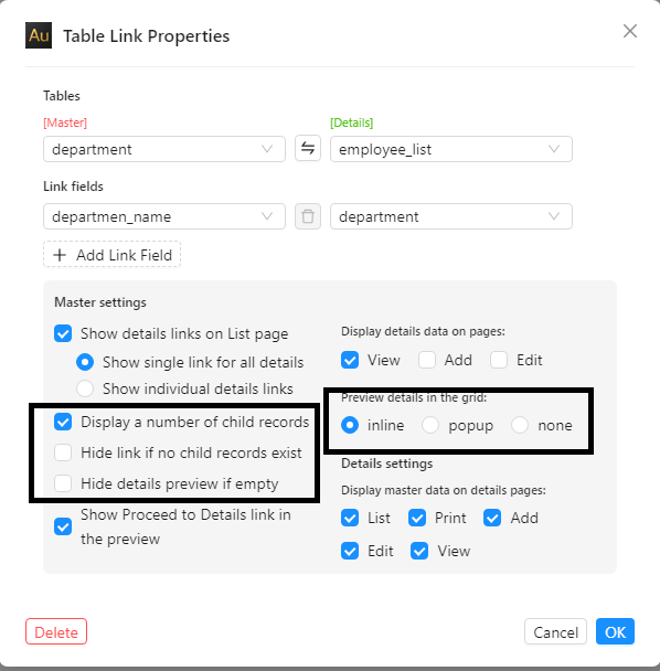 Table Link Properties