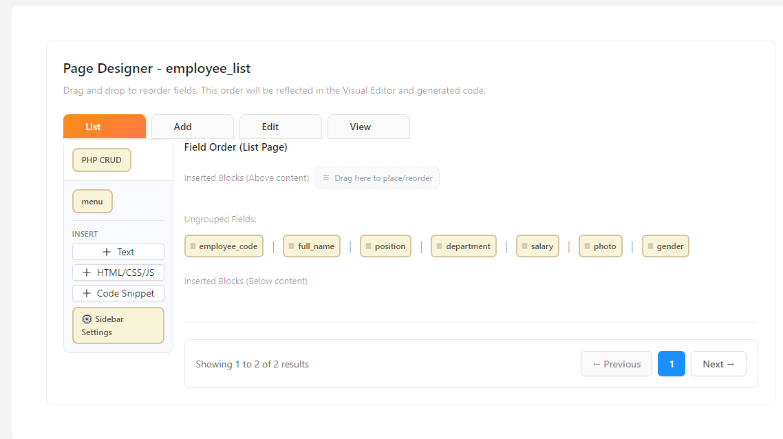 Page Designer List Tab