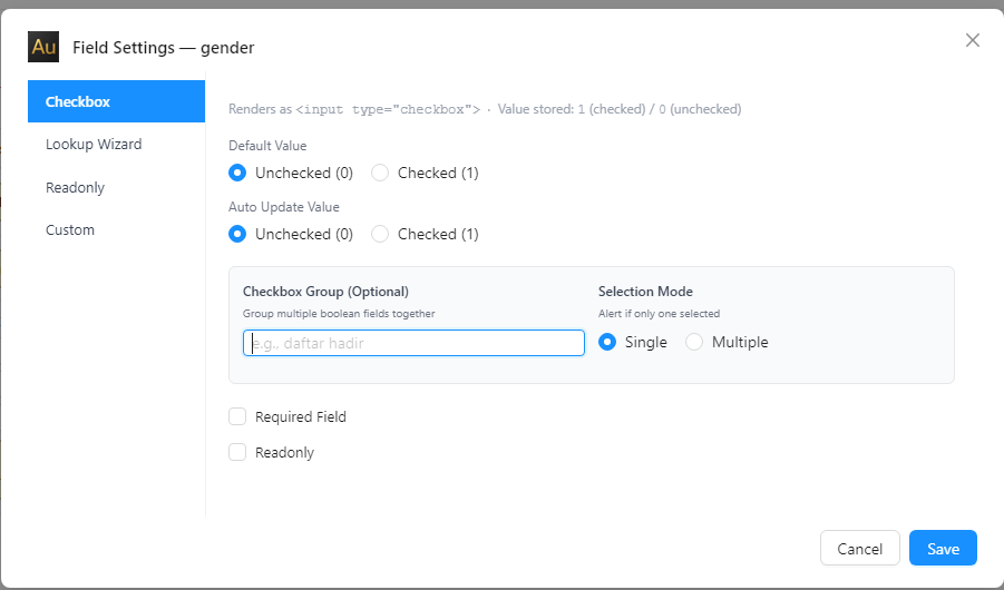 Field Settings Gender Checkbox