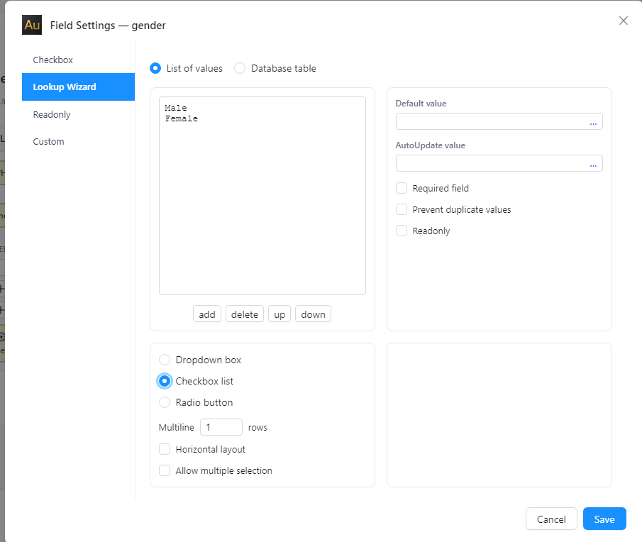 Field Settings Gender Lookup